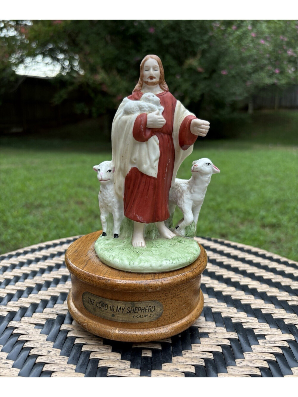 Jesus "The Lord Is My Shepherd" Psalm 23 Wooden Music Box Figurine w/ Lambs